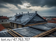 View of house under construction with red roof on waterproofing layer, created with Generative AI. Стоковое AI-изображение, AI-художник Данила Большаков / Фотобанк Лори