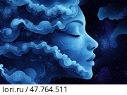 A digital illustration of a female profile, smoothly turning into cosmic clouds and a starry sky. The face is made in an abstract style with a relief texture and wavy lines, creating a sense of movement and depth. Deep blue and light blue shades convey an atmosphere of peace, sleep and dreams. The work symbolizes the connection of a person with the Universe, intuition, subconscious and harmony. Ideal for themes related to art, psychology, meditation, spirituality and fantasy. Стоковое AI-изображение, AI-художник Анна Кривицкая / Фотобанк Лори