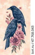 Elegant floral and bird wallpaper design featuring crows and roses for decorative use. Стоковое AI-изображение, AI-художник Евгения Пархоменко / Фотобанк Лори