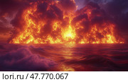 A powerful volcanic eruption casts vivid flames and dark clouds across the ocean, creating a stunning display of light and color during sunset. Стоковое AI-изображение, AI-художник Данила Большаков / Фотобанк Лори