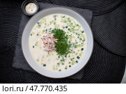 Chilled Russian soup combining kefir, diced cucumbers, radishes, boiled eggs, and chopped dill, delivering tangy summer refreshment with optional meat garnish. Стоковое фото, фотограф Данил Руденко / Фотобанк Лори