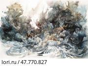 An abstract watercolor illustration depicting a raging sea element. Waves, splashes and foam clouds intertwine with smoky shapes reminiscent of clouds, whirlpools or even ghostly figures. The palette varies from soft blues and grays to rich charcoal blacks and brownish tones. The work is filled with dynamics, chaos and at the same time elegant artistic harmony. Ideal for cover design, interior design, posters, themes on the theme of nature, water, emotions, dreams and imagination. Стоковое AI-изображение, AI-художник Анна Кривицкая / Фотобанк Лори