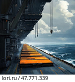A futuristic industrial landscape featuring a giant offshore platform or space dock hanging over the ocean. The length of the platform is lined with neat rows of orange panels or containers, creating depth and perspective. Massive cranes and technical structures hang over the platform, emphasising the scale and technology of the scene. The sea stretches to the horizon under a dark but cinematic sky. The image is ideal for themes related to science, technology, future logistics, industrial design and science fiction. Стоковое AI-изображение, AI-художник Анна Кривицкая / Фотобанк Лори