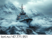 A dramatic image of a seagoing vessel battling a storm in harsh arctic waters. The backdrop is majestic snow-capped mountains shrouded in fog and rain. Powerful waves crash against the hull of the vessel, creating a dynamic and intense sense of extreme weather conditions. The atmosphere of tension, survival and the power of nature makes this image ideal for themes related to adventure, marine transport, the elements, endurance and exploration of remote corners of the planet. Стоковое AI-изображение, AI-художник Анна Кривицкая / Фотобанк Лори