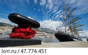 Monaco, Monaco Ville, Monte-Carlo, 2015.09.04: Four-masted barque ship, the Russian training ship is in the port of Hercules in Monaco, in the program of the Year of Russia in Monaco, sunny day. Редакционное фото, фотограф Vladimir Drozdin / Фотобанк Лори