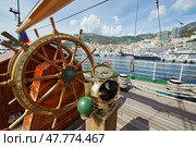 Monaco, Monaco Ville, Monte-Carlo, 2015.09.04: Four-masted barque ship, the Russian training ship is in the port of Hercules in Monaco, in the program of the Year of Russia in Monaco, sunny day. Редакционное фото, фотограф Vladimir Drozdin / Фотобанк Лори