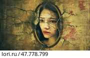 A woman peers through a small opening in a wall, her face partially obscured by shadows. She appears to be curious and cautious as she gazes through the gap. Стоковое AI-изображение, AI-художник Данила Большаков / Фотобанк Лори