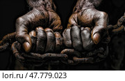 A pair of hands firmly grasp chains, showing strength and restraint in this image. Стоковое AI-изображение, AI-художник Данила Большаков / Фотобанк Лори