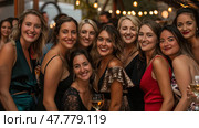A group of women standing next to each other in a row, looking towards the camera, with various expressions on their faces. Стоковое AI-изображение, AI-художник Данила Большаков / Фотобанк Лори