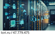 A row of servers neatly aligned in a data center, providing crucial computational power and storage for digital operations. Стоковое AI-изображение, AI-художник Данила Большаков / Фотобанк Лори