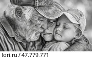 An old man in black and white attire lovingly embraces a young girl in a warm hug. Стоковое AI-изображение, AI-художник Данила Большаков / Фотобанк Лори