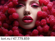 Raspberry Visions: A Captivating Close-Up of a Womans Face Embraced by Juicy Raspberries. Стоковое AI-изображение, AI-художник Данила Большаков / Фотобанк Лори