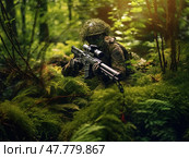 Sentinel of the Forest: A Camouflaged Soldier Silently Wields Their Rifle Amidst the Woodland Blanket. Стоковое AI-изображение, AI-художник Данила Большаков / Фотобанк Лори