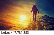 A person clad in winter gear is ascending a snowy hill as the sun sets in the background, casting a warm orange glow over the winter landscape. Стоковое AI-изображение, AI-художник Данила Большаков / Фотобанк Лори