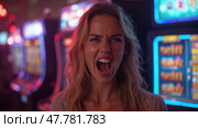 A Thrilled Woman Expresses Her Excitement in a Casino, Surrounded by Vibrant Slot Machines Lit With Colorful Lights. Стоковое AI-изображение, AI-художник Sergey Grishin / Фотобанк Лори