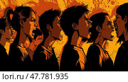 A group of animated characters is vocally expressing their fervor, captured side by side against a fiery orange background that amplifies their passion. Стоковое AI-изображение, AI-художник Данила Большаков / Фотобанк Лори