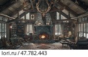 A furnished living room featuring various furniture pieces like sofas, tables, and chairs, with a fireplace as the focal point. Стоковое AI-изображение, AI-художник Данила Большаков / Фотобанк Лори