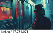 A person is standing next to a subway train on the platform, waiting to board or disembark. The train doors are open, and other commuters can be seen inside. Стоковое AI-изображение, AI-художник Данила Большаков / Фотобанк Лори