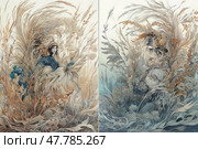 A fantasy diptych depicting a man and a woman who seem to have merged with their natural surroundings. Each figure is surrounded by a swirl of ornamental grasses, cereals, flowers and leaves, rendered in warm beige, gold and cool blue-gray tones. The woman in a luxurious dress with a wreath of ears of corn and the man in a mysterious mask embody archetypal images of nature - as if it were the personification of summer and autumn, life and secrets. The illustration is rich in details, ornaments and is ideal for themes of magic, symbolism, nature and fine art. Стоковое AI-изображение, AI-художник Анна Кривицкая / Фотобанк Лори
