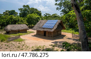 A small hut in a rural area with a solar panel installed on its roof, harnessing sunlight for energy. Стоковое AI-изображение, AI-художник Данила Большаков / Фотобанк Лори