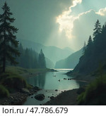 Озеро в горах. Стоковое AI-изображение, AI-художник Мария Терехова / Фотобанк Лори