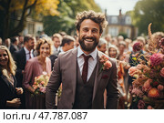 Charismatic Leader: poised and confident man in a sharp tailored suit and tie commands attention from a diverse crowd as he speaks with eloquence and conviction. Стоковое AI-изображение, AI-художник Данила Большаков / Фотобанк Лори