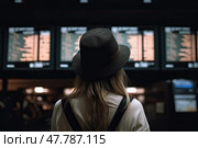 Anticipating Departures: A Lone Traveler at the Flight Information Display System. Стоковое AI-изображение, AI-художник Данила Большаков / Фотобанк Лори