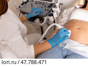 Doctor hands with ultrasonic during ultrasound medicine examination of pregnant patient. Maternity, pregnancy, fertility concept. Future mom checking on the embryo. High quality photo. Top view. Стоковое фото, фотограф Ирина Михайличенко / Фотобанк Лори