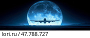 An airplane descends for landing beneath a massive, bright moon illuminating the night sky and surrounding landscape. Стоковое AI-изображение, AI-художник Данила Большаков / Фотобанк Лори
