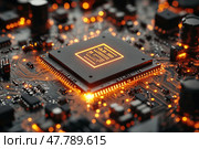 Macro shot of a circuit board microchip with bright orange backlight. The center of the frame is the central chip with glowing engraving, surrounded by a complex structure of copper tracks, capacitors and transistors. The atmosphere of the photo is technological, futuristic and energetic. The image is ideal for themes related to high technology, microelectronics, artificial intelligence, digital development, computer engineering and innovation. Стоковое AI-изображение, AI-художник Анна Кривицкая / Фотобанк Лори
