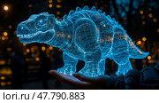 A holographic dinosaur shines brightly in a city park, surrounded by glowing lights as visitors admire its intricate design during the evening. Стоковое AI-изображение, AI-художник Данила Большаков / Фотобанк Лори