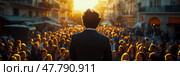 A large crowd assembles at sunset to hear a speaker addressed from the front, surrounded by lively street activity and warm lighting. Стоковое AI-изображение, AI-художник Данила Большаков / Фотобанк Лори