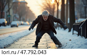 A Senior Man Loses His Balance on an Icy Sidewalk While Flailing His Arms, Risking a Fall. Стоковое AI-изображение, AI-художник Sergey Grishin / Фотобанк Лори