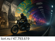 Motorcycle Racing Through Tunnel of Time and Decades. Стоковое AI-изображение, AI-художник Максим Гребешков / Фотобанк Лори