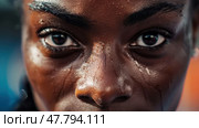 A detailed view of a womans face, showing tears streaming down her cheeks, portraying raw emotion. Стоковое AI-изображение, AI-художник Данила Большаков / Фотобанк Лори