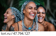 Three elderly women with white hair styled in braids are joyfully laughing together. Стоковое AI-изображение, AI-художник Данила Большаков / Фотобанк Лори