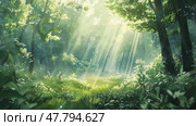 Sunlight filters through dense forest canopy, illuminating the leaves and creating dappling shadows on the ground. Стоковое AI-изображение, AI-художник Данила Большаков / Фотобанк Лори