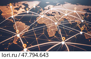 A detailed map of the world with numerous lines connecting various countries and regions, showcasing global interconnectedness and interdependence. Стоковое AI-изображение, AI-художник Данила Большаков / Фотобанк Лори