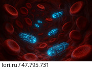 Nanobots travel through blood vessel highway inside body. Стоковое AI-изображение, AI-художник Максим Гребешков / Фотобанк Лори