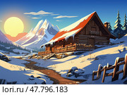 Painting depicting a cabin standing in a snowy landscape, surrounded by snow-covered trees and a clear blue sky. Стоковое AI-изображение, AI-художник Данила Большаков / Фотобанк Лори