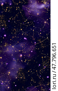 Night sky filled with constellations and celestial beauty in deep purple hues. Стоковое AI-изображение, AI-художник Сергей Толмачёв / Фотобанк Лори