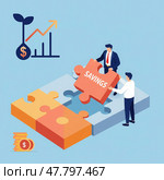 Векторная иллюстрация: Человек добавляет недостающий пазл "Savings" (сбережения) к общей картине бюджета. Планирование финансов и ежемесячного бюджета, накопления, инвестиции. Редакционное AI-изображение, AI-художник Ирина Першина / Фотобанк Лори
