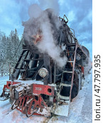 Karelia / Russia - February, 04, 2022: Ruskeala Express, branded retro train. Стоковое фото, фотограф Олег Спиридонов / Фотобанк Лори
