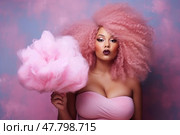 Plus size fashion model with creative makeup and hairstyle enjoying cotton candy against a pink background. Стоковое AI-изображение, AI-художник Станислав Тарко / Фотобанк Лори