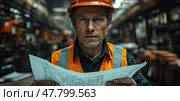 A focused construction worker reviews plans inside a large industrial facility during daylight, ensuring project details are understood. Стоковое AI-изображение, AI-художник Данила Большаков / Фотобанк Лори