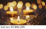 Flickering candlelight and warm bokeh: cozy ambiance with floating dust particles. Стоковое AI-видео, аниматор Sabyna75 / Фотобанк Лори