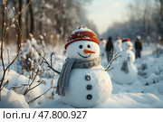 Multiple snowmen lined up in the snow, standing next to each other. Стоковое AI-изображение, AI-художник Данила Большаков / Фотобанк Лори