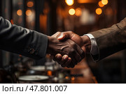 Close-up view of two individuals shaking hands in a gesture of agreement or greeting. Focus is on hands coming together in a firm grasp, symbolizing unity or partnership. Стоковое AI-изображение, AI-художник Данила Большаков / Фотобанк Лори