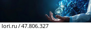 A hand extends outwards as digital elements and brain imagery hover above, highlighting the intersection of technology and neuroscience. Стоковое AI-изображение, AI-художник Данила Большаков / Фотобанк Лори