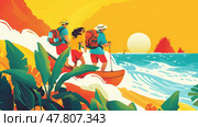 Adventurers navigate a colorful canoe along a beautiful shoreline as the sun sets on the horizon, surrounded by lush vegetation. Стоковое AI-изображение, AI-художник Данила Большаков / Фотобанк Лори